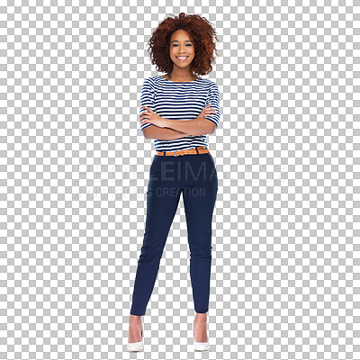 Buy stock photo Portrait, smile and black woman with arms crossed, professional and confident model isolated against a transparent background. Face, female person or entrepreneur with png, startup success and career