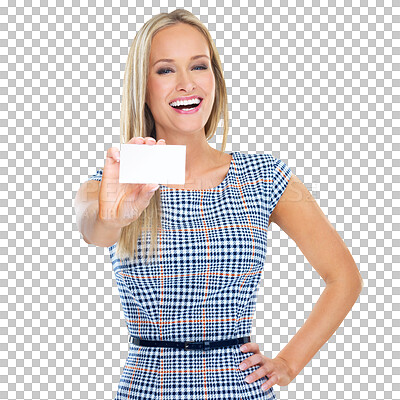 Buy stock photo Space, business card and portrait of happy woman with mockup on isolated, transparent or png background. Paper, promo and female ceo with startup presentation, offer or contact for company launch