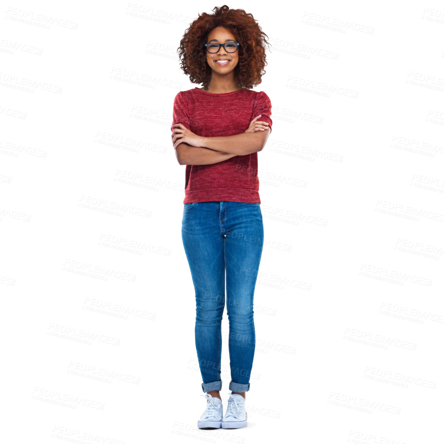 Buy stock photo Portrait, fashion and happy black woman with arms crossed on isolated, transparent or png background. Face, smile and African lady model with casual style, outfit or fashionable, clothes or student