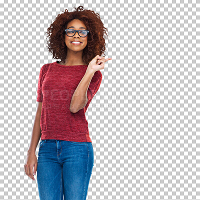 Buy stock photo Happy, black woman and pointing to isolated, transparent and png background for announcement or promo. Hand, showing and African female person excited for glasses, sale and discount, deal or launch