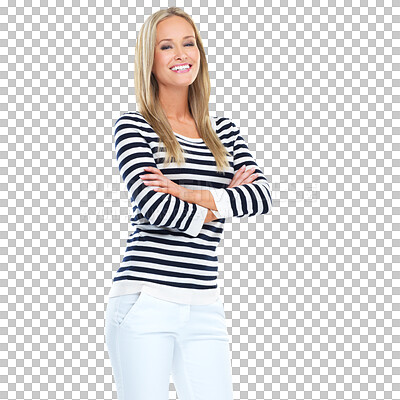 Buy stock photo Happy, portrait and woman with arms crossed isolated on a transparent png background. Confidence smile, fashion and female person from Norway standing with stylish stripes, trendy and casual clothes.