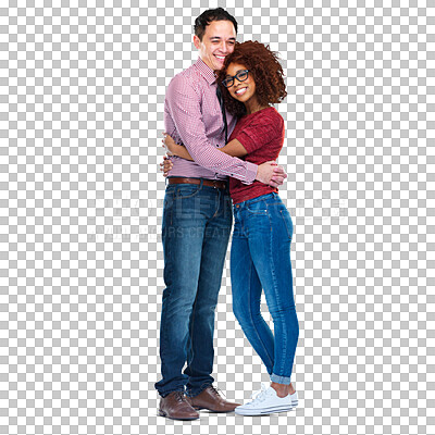 Buy stock photo Portrait, love and couple hug with a smile on isolated, transparent or png background. Interracial, romance and face of black woman embrace asian man for loving, bond or sweet marriage, happy or care