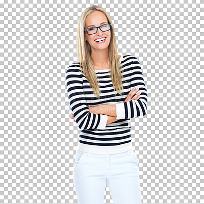 Buy stock photo Portrait, glasses and funny woman with arms crossed isolated on a transparent png background. Confidence, fashion and happy person from Norway laugh with stylish stripes, trendy and casual clothes.