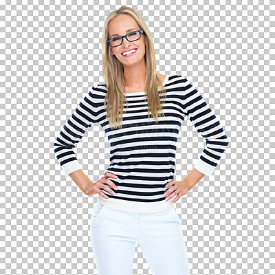 Buy stock photo Portrait, smile and woman with hands on hips isolated on a transparent png background. Confident, fashion glasses and female person from Norway standing with stylish stripes, trendy or casual clothes