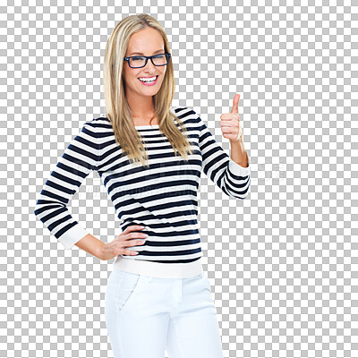 Buy stock photo Thumbs up, happiness and portrait of woman with approval gesture, emoji like icon or yes symbol for job well done. Opinion feedback, success and female model isolated on transparent, png background