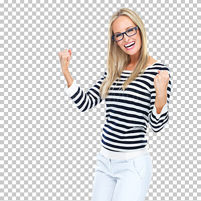 Buy stock photo Happy woman, portrait and winning fist celebration on isolated, transparent and png background. Face, success and excited female customer celebrating good news, sale and glasses discount or deal