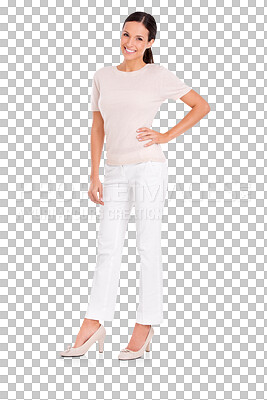 Buy stock photo Portrait, happy and fashion with a trendy woman isolated on a transparent background for designer style. Smile, confident and carefree with an attractive female model in fashionable clothes on PNG