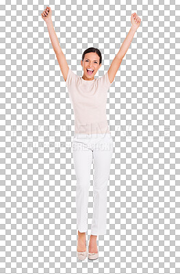 Buy stock photo Portrait, excited and woman cheering, celebration and winner isolated against a transparent background. Face, female person and model with happiness, png and winning with success and achievement 