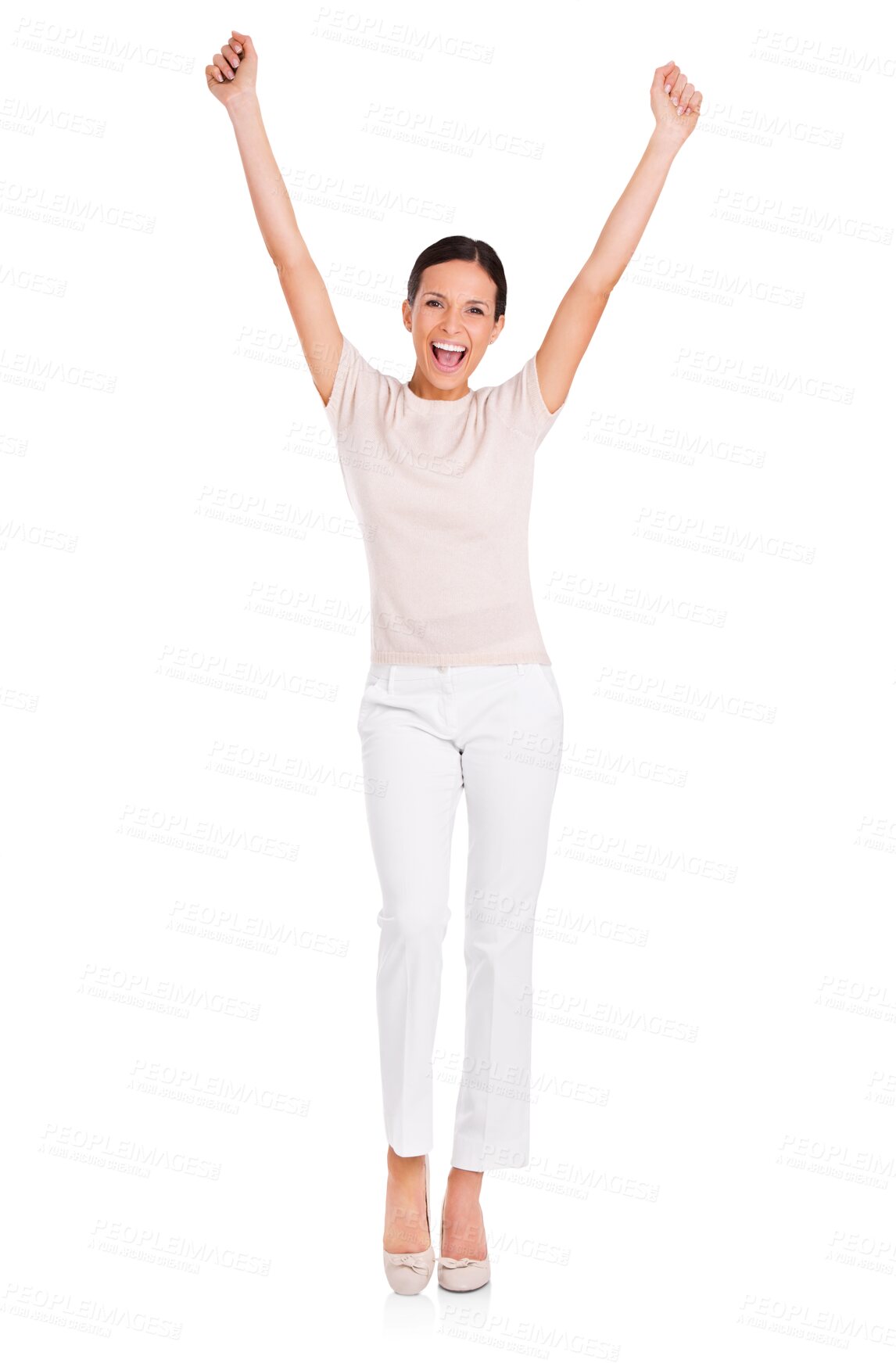 Buy stock photo Portrait, excited and woman cheering, celebration and winner isolated against a transparent background. Face, female person and model with happiness, png and winning with success and achievement 