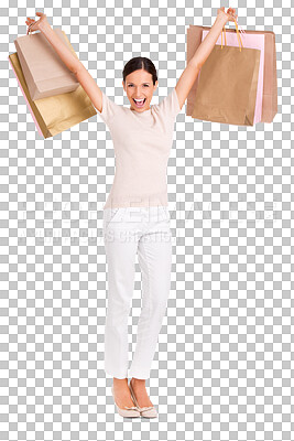 Buy stock photo Portrait, shopping and woman with bags, excited and discount deal isolated against a transparent background. Female person, customer and shopper with sales, giveaway and png with celebration or win