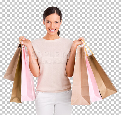 Buy stock photo Portrait, customer and woman with bags, retail and discount deal isolated against a transparent background. Female person, client or shopper with luxury boutique sale, happiness and shopping with png