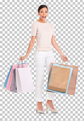 Buy stock photo Portrait, surprise and woman with shopping bags isolated on a transparent png background. Excited, wow and fashion person with sales deal, discount and customer with product from retail, shop or mall