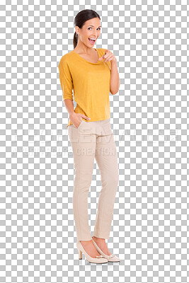 Buy stock photo Portrait, fashion and pointing for decision with a woman isolated on a transparent background for choice or selection. Smile, confident and happy female gesture to you on PNG to vote for options