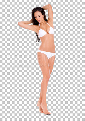 Buy stock photo Beauty, bikini and body of a slim woman isolated on a transparent, png background. Fitness, stretching and summer swimwear model person posing for sexy fashion, weight loss motivation and wellness