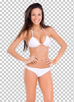 Buy stock photo Body, bikini and beauty portrait of a woman isolated on a transparent, png background. Happy, smile and swimwear model person with hands on hips for sexy fashion, weight loss motivation and wellness