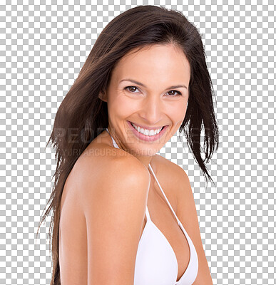 Buy stock photo Portrait, smile and bikini with a model woman isolated on transparent background in summer swimwear. Happy, beauty or lifestyle with an attractive young female tourist in beachwear for travel on PNG