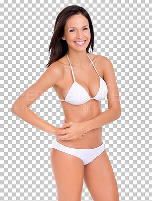 Buy stock photo Bikini, portrait and woman with pride in body, fitness and swimwear on isolated, transparent or PNG background. Sexy, model and healthy confidence in summer fashion or girl in swimsuit for beauty