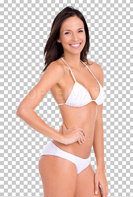 Buy stock photo Bikini, sexy and portrait of woman confident in body, fitness with swimwear on isolated, transparent or PNG background. Model, healthy and confidence in summer fashion or girl in swimsuit for beauty