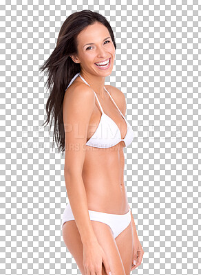 Buy stock photo Portrait, happy and bikini with a woman on holiday isolated on a transparent background for vacation or travel. Smile, swimwear or beachwear with an attractive young female tourist in summer on PNG