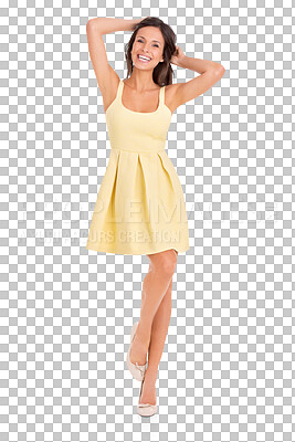 Buy stock photo Portrait, fashion and dress with a carefree woman isolated on a transparent background for designer style. Clothes, smile or happy with a cute young female model posing in a fashionable outfit on PNG