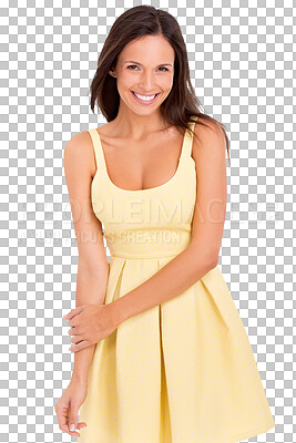 Buy stock photo Portrait, fashion and yellow dress with a woman isolated on a transparent background for designer style. Smile, happy and clothes with an attractive trendy model posing in a fashionable outfit on PNG