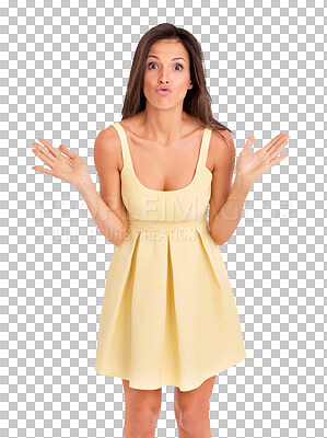 Buy stock photo Fashion, goofy and portrait of woman in a dress for elegant, stylish or classy outfit. Silly, confidence and young beautiful female model with formal style isolated by a transparent png background.