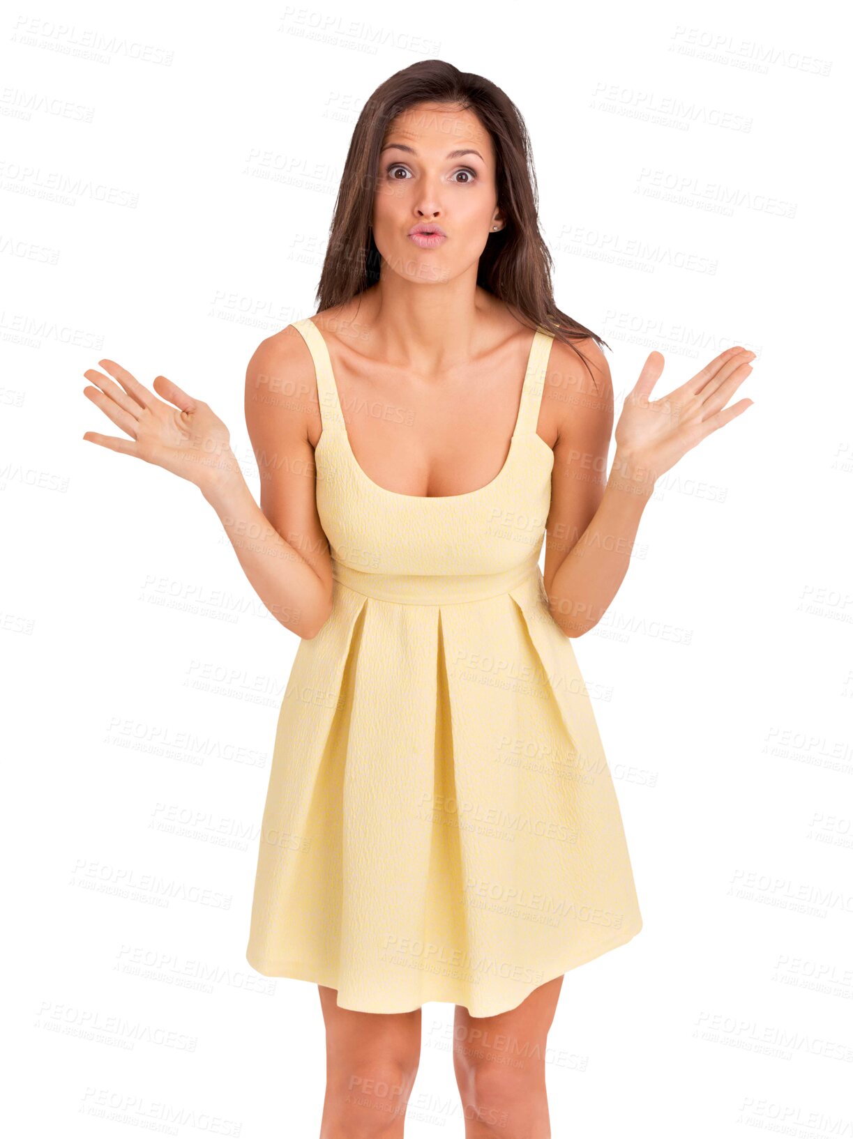 Buy stock photo Fashion, goofy and portrait of woman in a dress for elegant, stylish or classy outfit. Silly, confidence and young beautiful female model with formal style isolated by a transparent png background.