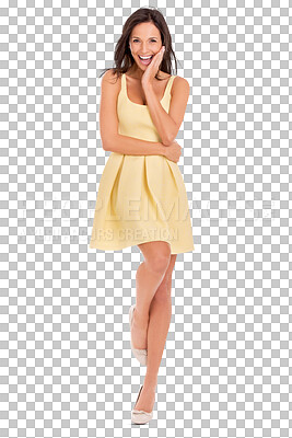 Buy stock photo Portrait, fashion and dress with an excited woman isolated on a transparent background for designer style. Smile, happy and clothes with a cute young female model posing in a trendy outfit on PNG