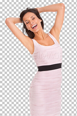 Buy stock photo Woman, happiness and dress is carefree and excited in png or transparent with isolated background. Freedom, fashion and smile or beauty or female person with style with consumer with confidence.