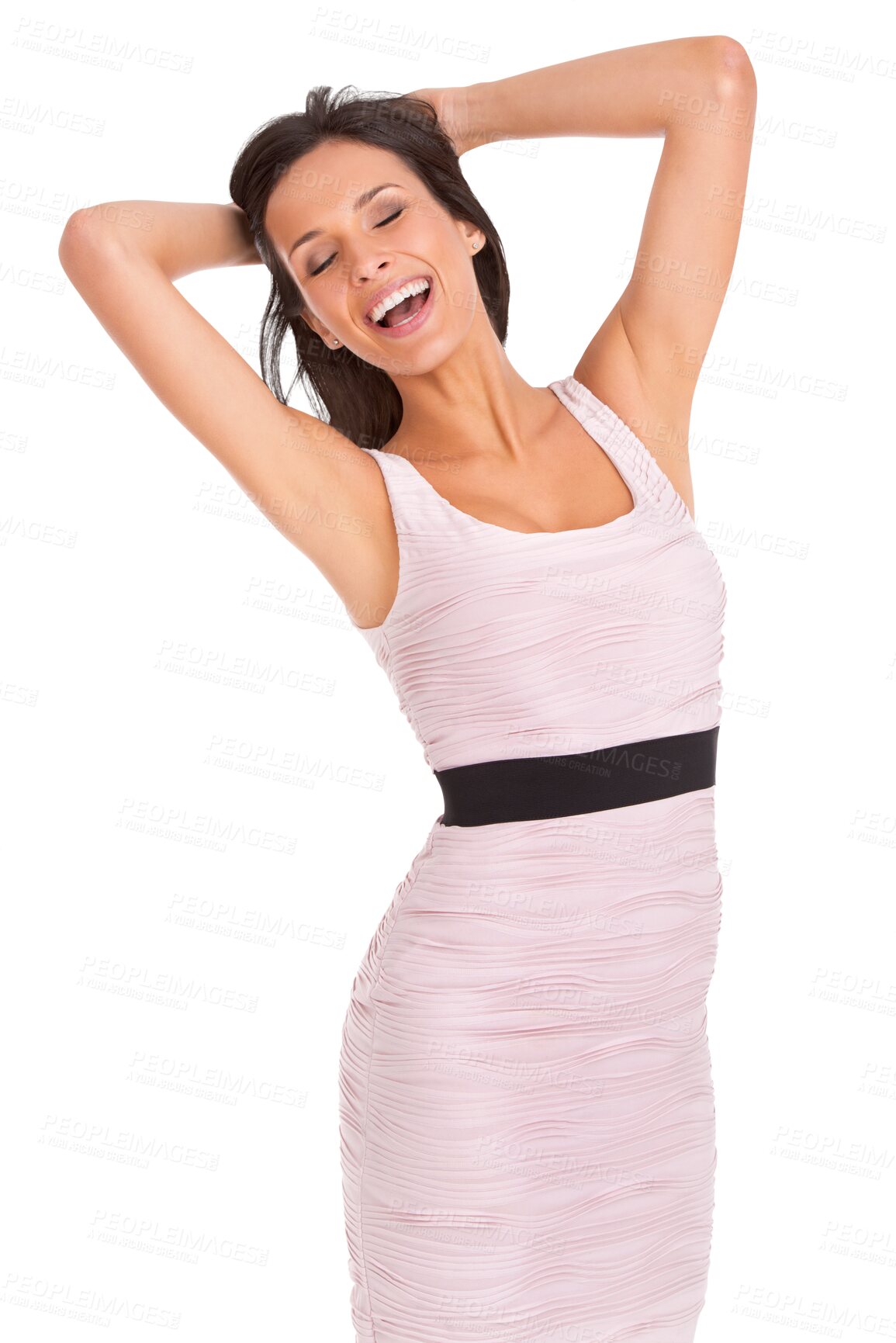 Buy stock photo Woman, happiness and dress is carefree and excited in png or transparent with isolated background. Freedom, fashion and smile or beauty or female person with style with consumer with confidence.