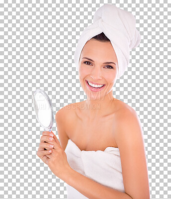 Buy stock photo Mirror, beauty portrait and happy woman for skincare results or makeup check isolated on transparent png background. Reflection, cosmetics and smile on person face or model with facial or self care