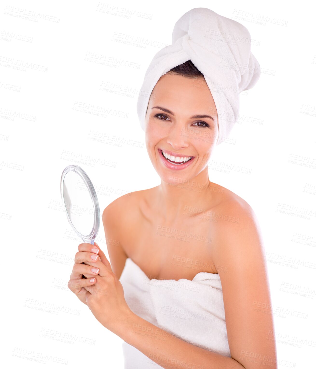 Buy stock photo Mirror, beauty portrait and happy woman for skincare results or makeup check isolated on transparent png background. Reflection, cosmetics and smile on person face or model with facial or self care