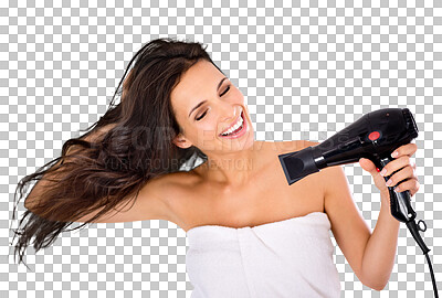 Buy stock photo Smile, beauty and woman with a hairdryer, luxury treatment or  grooming isolated against a transparent background. Female person, model and girl with blow dryer, style or self care with png or volume
