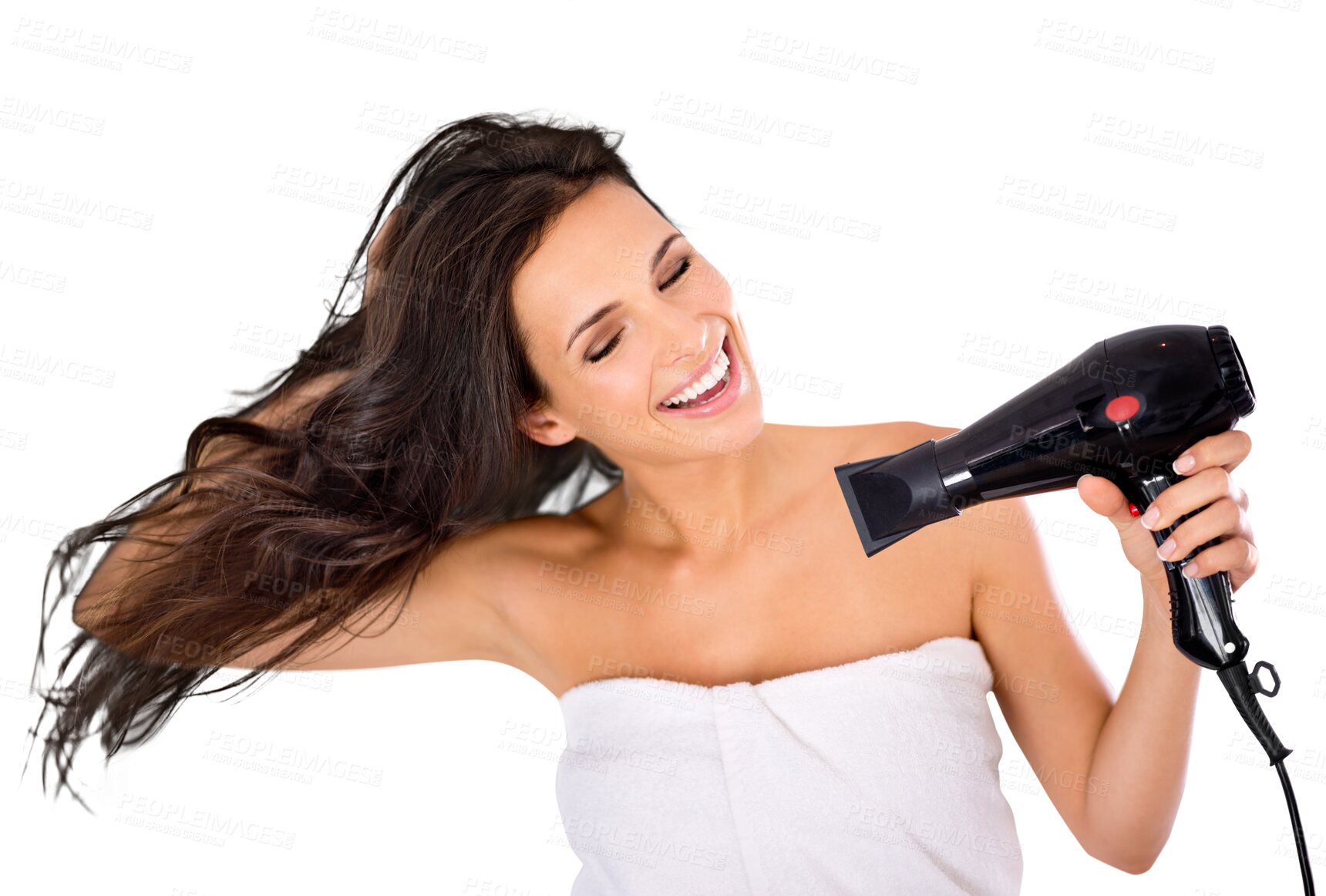 Buy stock photo Smile, beauty and woman with a hairdryer, luxury treatment or  grooming isolated against a transparent background. Female person, model and girl with blow dryer, style or self care with png or volume