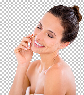 Buy stock photo Happy woman in portrait, beauty and skincare, dermatology and natural cosmetics isolated on transparent png background. Spa treatment, self care and facial, female model and skin glow with makeup