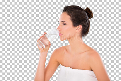 Buy stock photo Glass, health and woman drinking water, skincare and wellness isolated against a transparent background. Female person, lady and model with sustainability aqua, self care and png with a natural diet