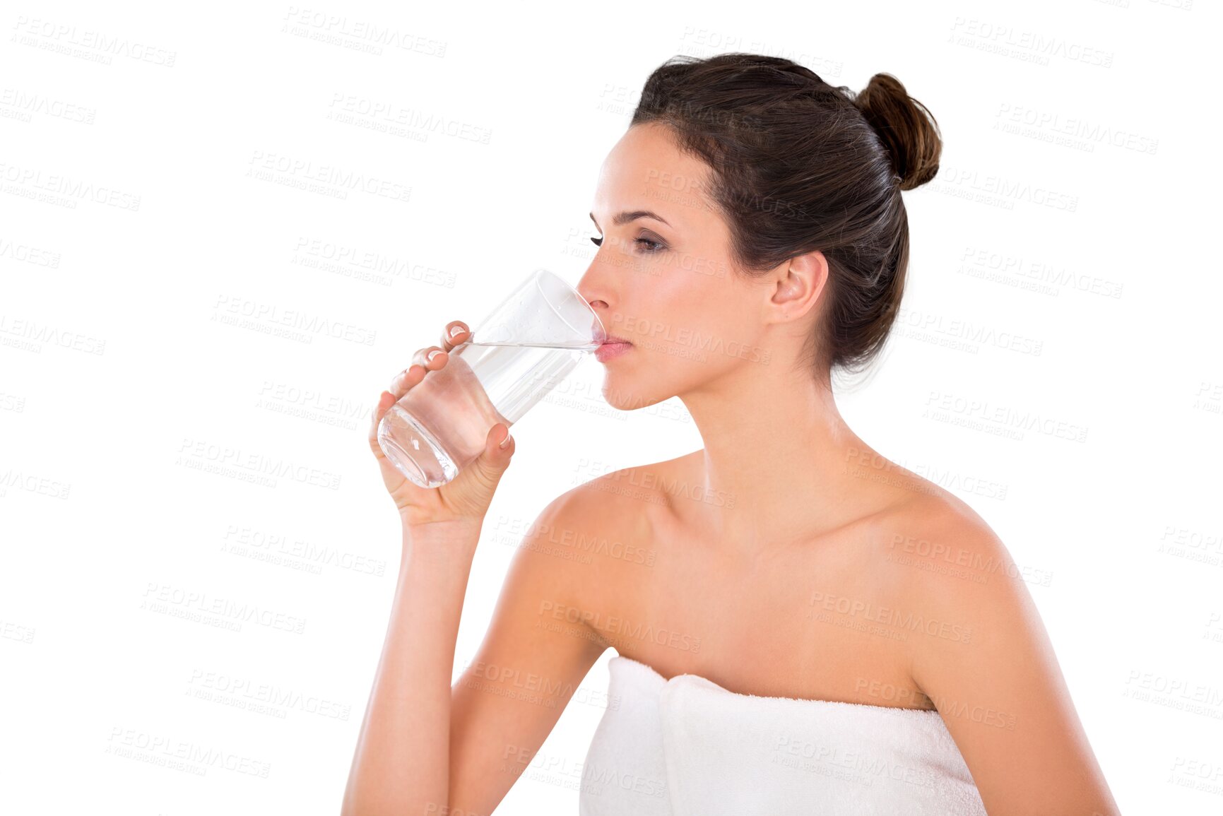 Buy stock photo Glass, health and woman drinking water, skincare and wellness isolated against a transparent background. Female person, lady and model with sustainability aqua, self care and png with a natural diet