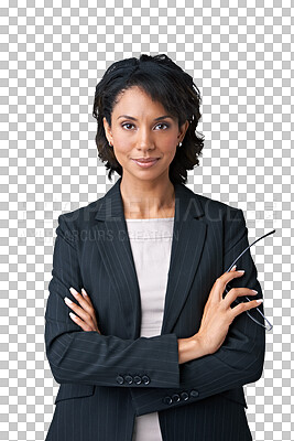 Buy stock photo Crossed arms, pride and portrait of a female ceo with confidence, leadership and business mindset. Success, smile and professional woman corporate lawyer isolated by a transparent png background.