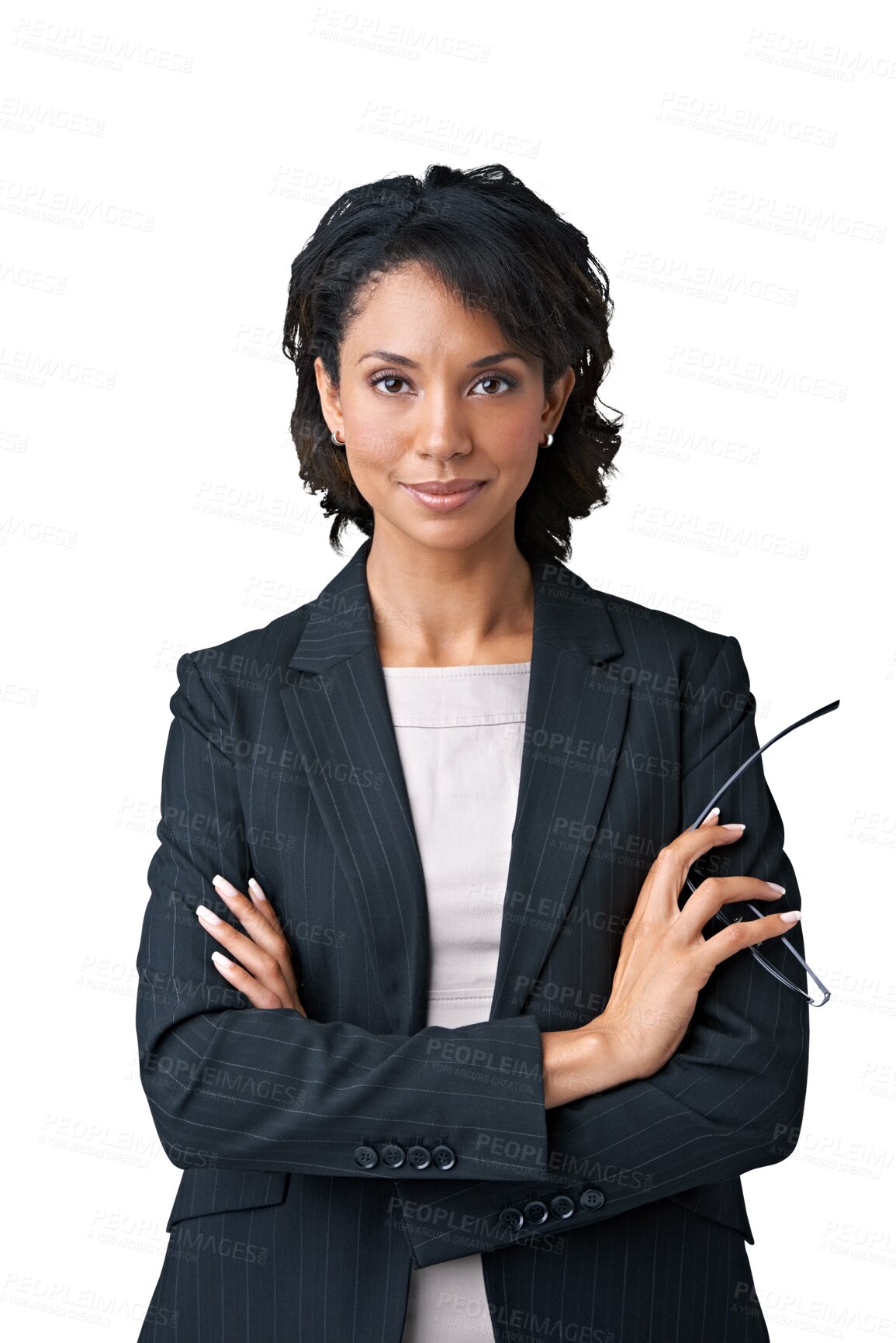 Buy stock photo Crossed arms, pride and portrait of a female ceo with confidence, leadership and business mindset. Success, smile and professional woman corporate lawyer isolated by a transparent png background.