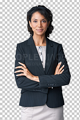 Buy stock photo Confidence, smile and portrait of a businesswoman with crossed arms for leadership and positive mindset. Happy, success and professional female corporate lawyer isolated by transparent png background