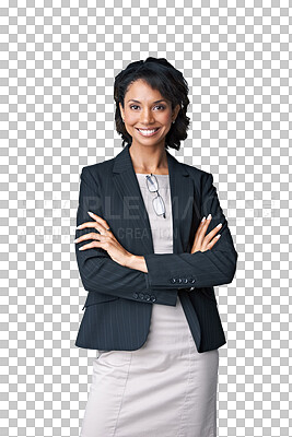 Buy stock photo Business woman, happy portrait and arms crossed for confidence, professional fashion and Human Resources. HR worker, african person or model smile for career, isolated on transparent png background