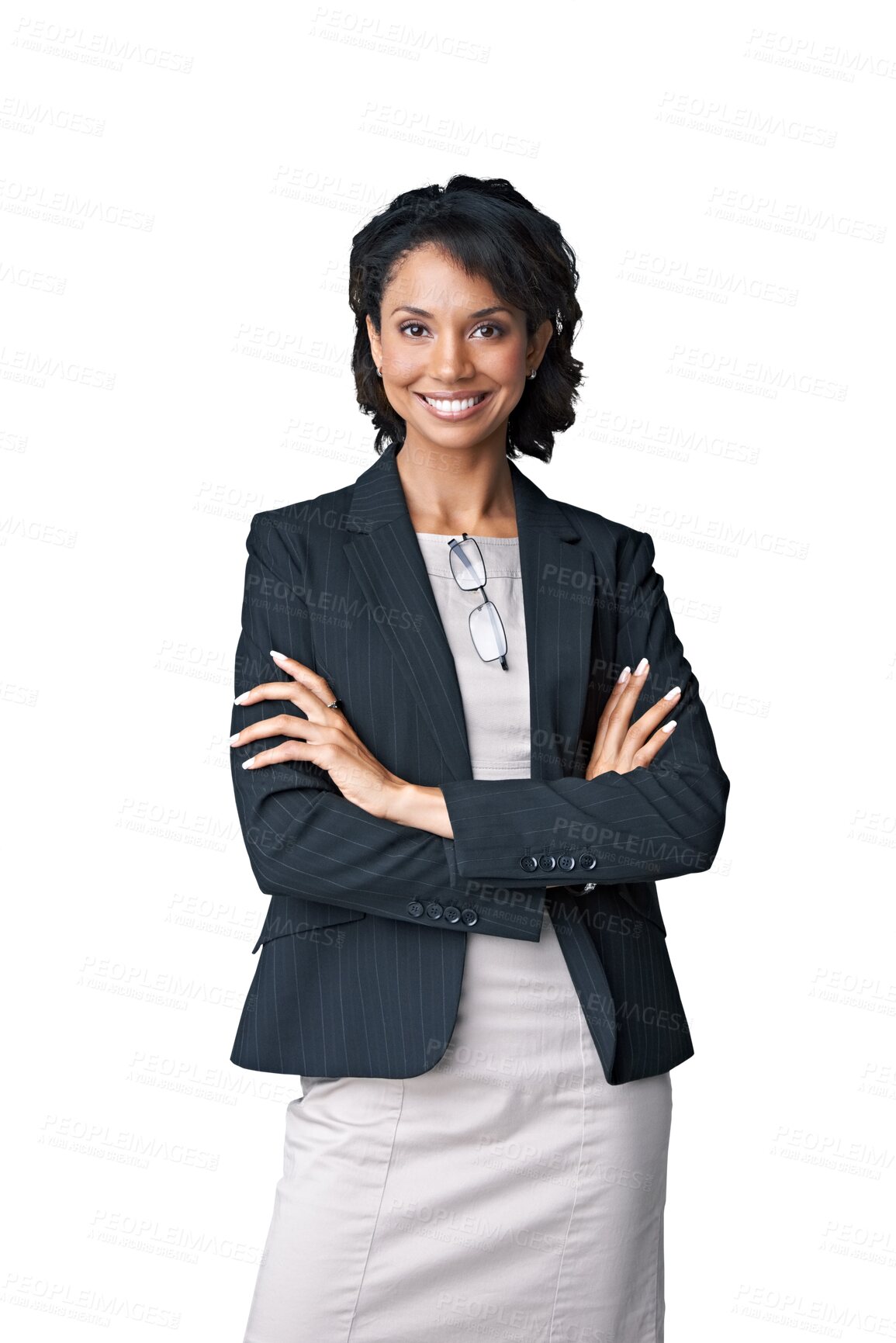 Buy stock photo Business woman, happy portrait and arms crossed for confidence, professional fashion and Human Resources. HR worker, african person or model smile for career, isolated on transparent png background