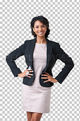 Buy stock photo Business woman, happy portrait and body confidence, professional fashion and Human Resources. HR employee, african person or model posing in career clothes and isolated on transparent, png background