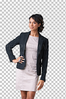 Buy stock photo Portrait, lawyer and woman with hand on hip isolated on a transparent png background. Confidence, professional and female entrepreneur, attorney and person from Brazil with pride for business success