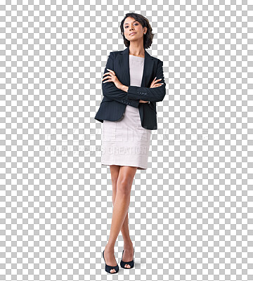 Buy stock photo Business woman, portrait and arms crossed in confidence, professional fashion or Human Resources job. HR worker, african person or model body in career clothes, isolated on transparent png background