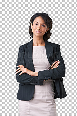 Buy stock photo Lawyer, portrait and woman with arms crossed isolated on a transparent png background. Confidence, professional or female entrepreneur, attorney and person from Brazil with pride for business success