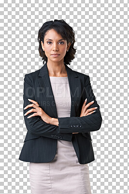 Buy stock photo Lawyer, portrait and serious woman with arms crossed isolated on a transparent png background. Confidence, professional or entrepreneur, attorney and person from Brazil with pride for business career