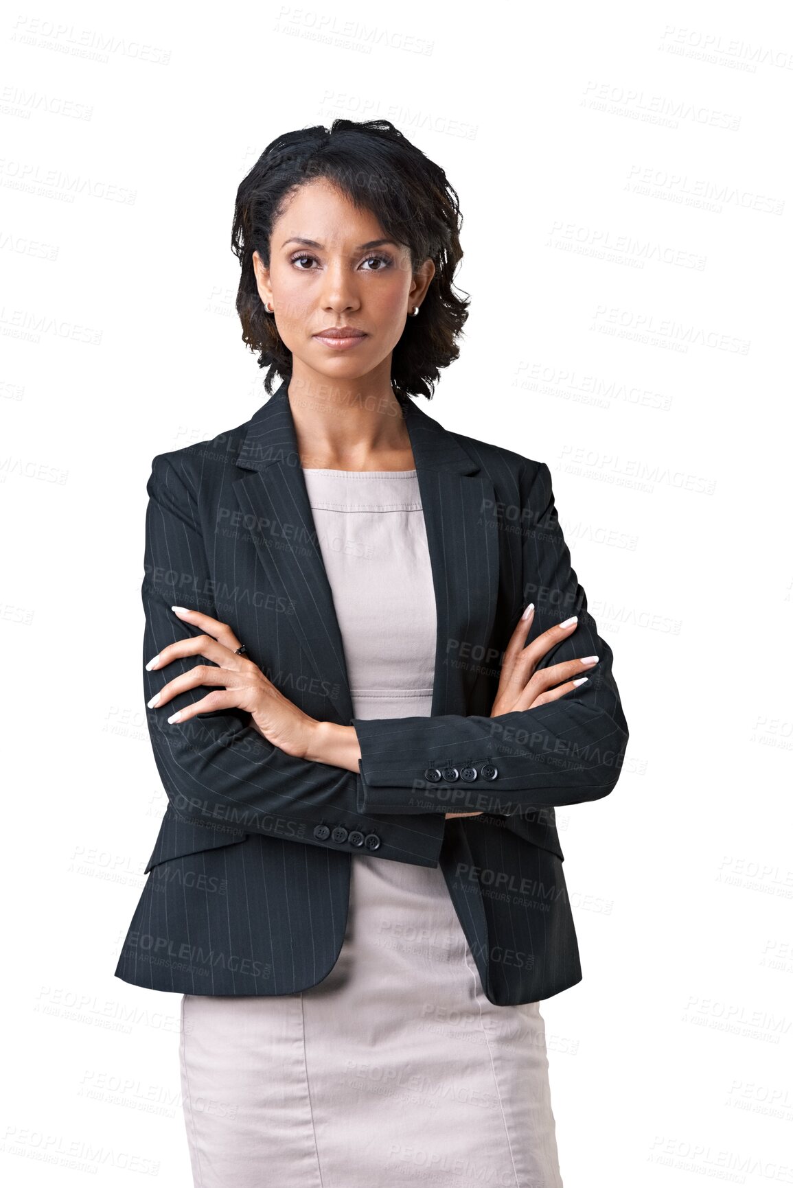 Buy stock photo Lawyer, portrait and serious woman with arms crossed isolated on a transparent png background. Confidence, professional or entrepreneur, attorney and person from Brazil with pride for business career