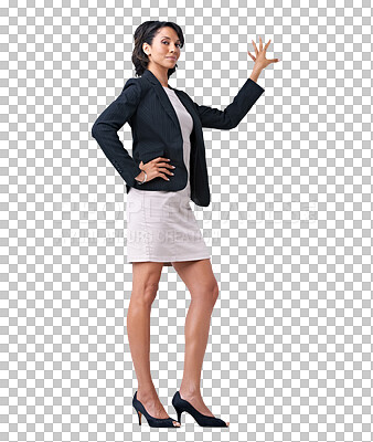 Buy stock photo Portrait, business and a professional woman with hand, isolated on a transparent, png background. African female person advertising announcement, promotion or deal and launch of corporate space