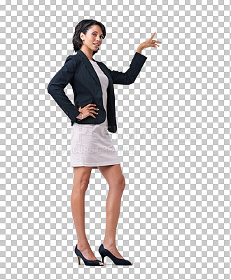 Buy stock photo Business, woman and portrait of confident presentation of with hand, gesture or pointing on isolated, transparent or PNG background. Hands sign, businesswoman and training for corporate or executive